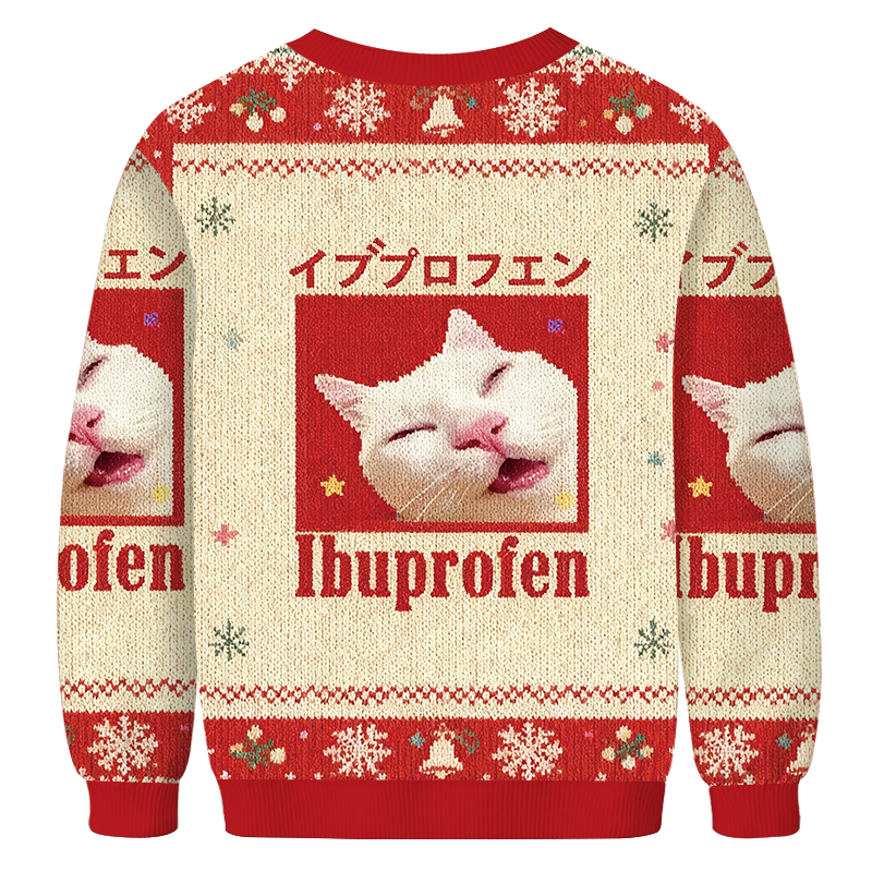 Tokyocanvas Red Ibuprofen Meme Cat Christmas Ugly Sweatshirt