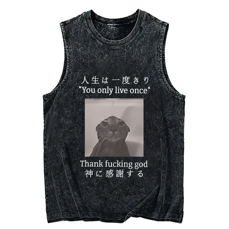 Tokyocanvas Funny Melancholy Cat Washed Tank