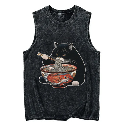 Tokyocanvas Fat Cat Eating Ramen Washed Tank