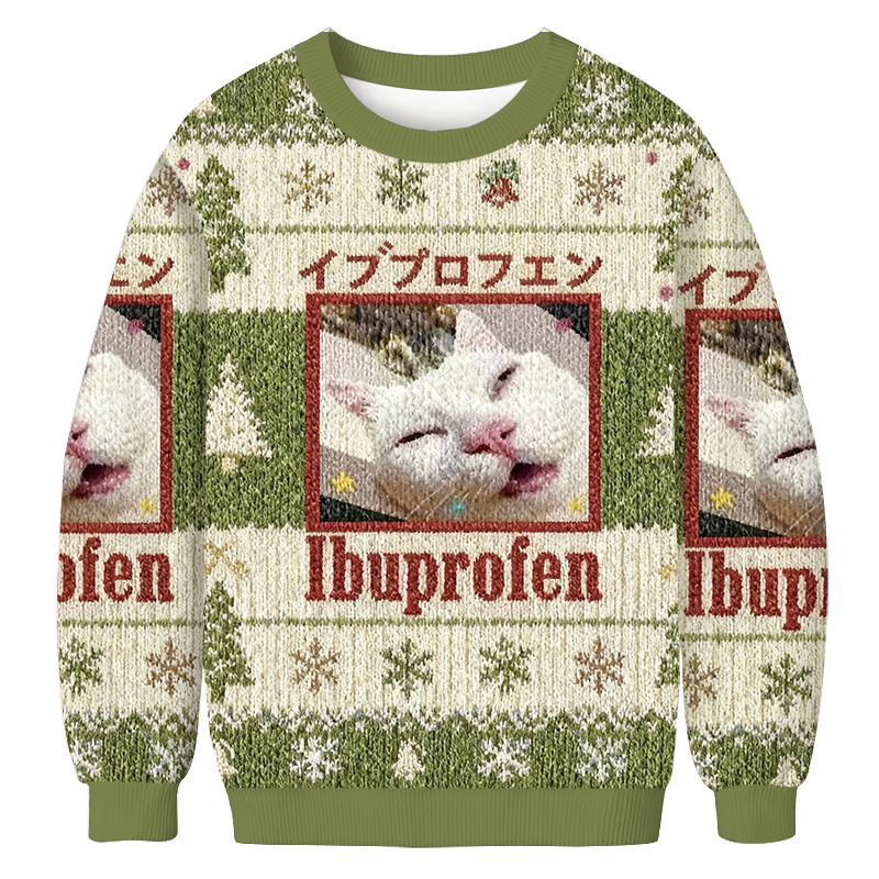 Tokyocanvas Green Ibuprofen Meme Cat Christmas Ugly Sweatshirt
