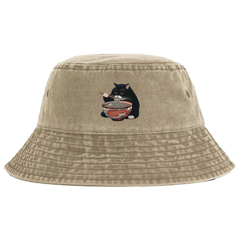 Tokyocanvas Fat Cat Eating Ramen Washed Bucket Hat