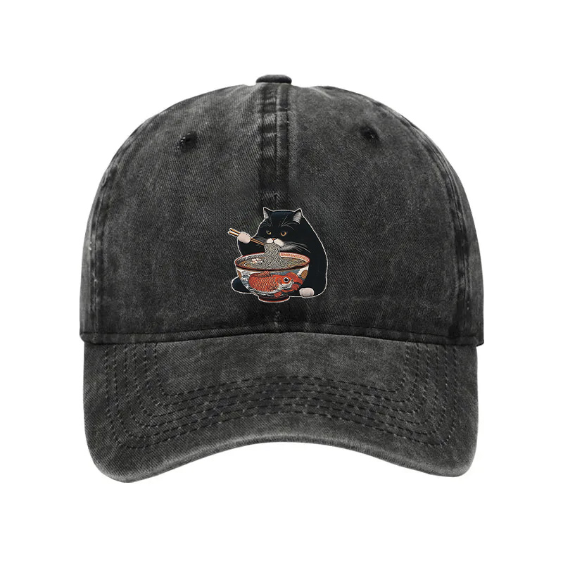 Tokyocanvas Fat Cat Eating Ramen Washed Cap