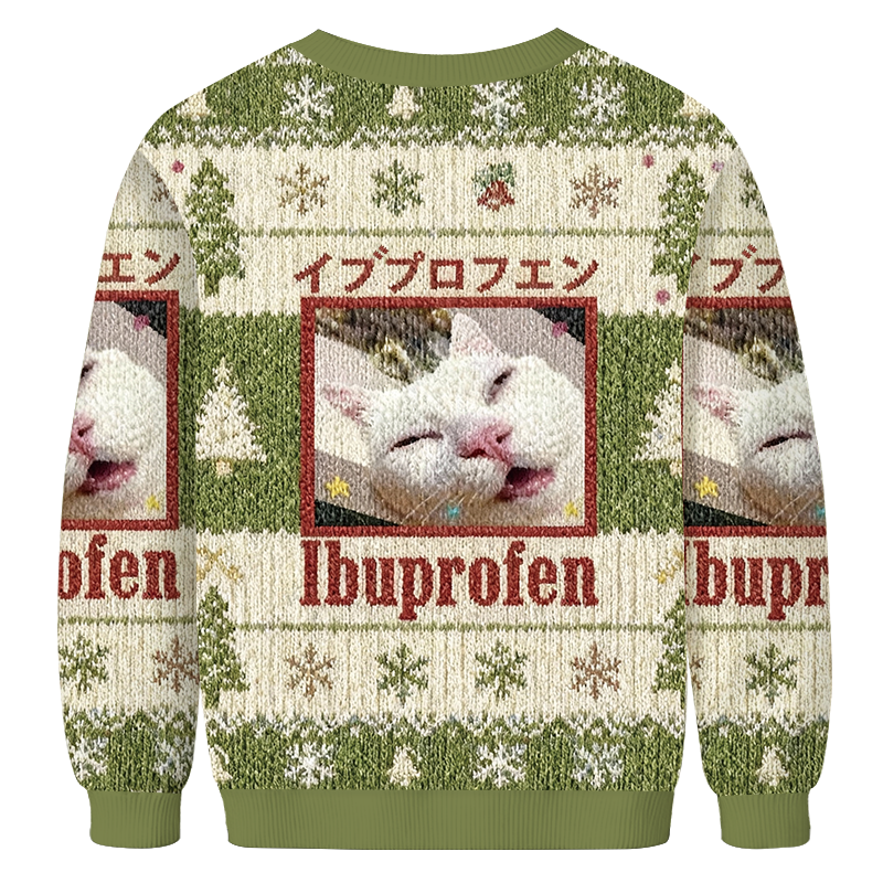 Tokyocanvas Green Ibuprofen Meme Cat Christmas Ugly Sweatshirt