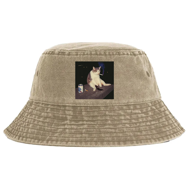 Tokyocanvas Cigarette Kitten Funny Smoking Cat Meme Washed Bucket Hat