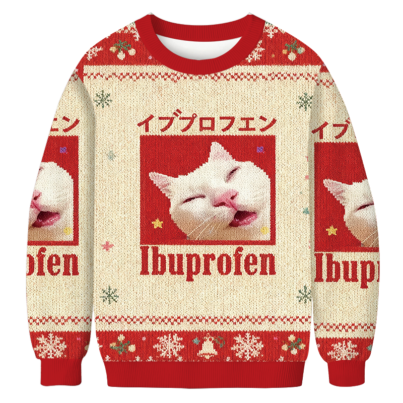 Tokyocanvas Red Ibuprofen Meme Cat Christmas Ugly Sweatshirt