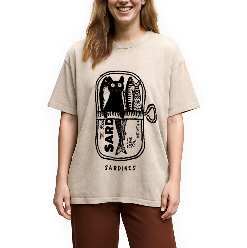 Tokyocanvas Cat Hiding In A Sardine Can Washed T-Shirt