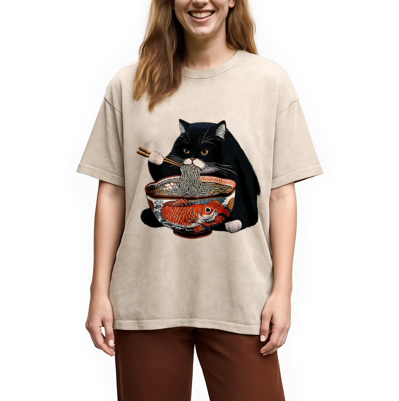 Tokyocanvas Fat Cat Eating Ramen Washed T-Shirt