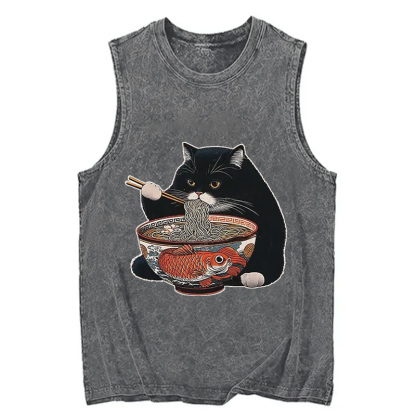 Tokyocanvas Fat Cat Eating Ramen Washed Tank