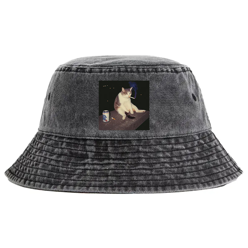 Tokyocanvas Cigarette Kitten Funny Smoking Cat Meme Washed Bucket Hat