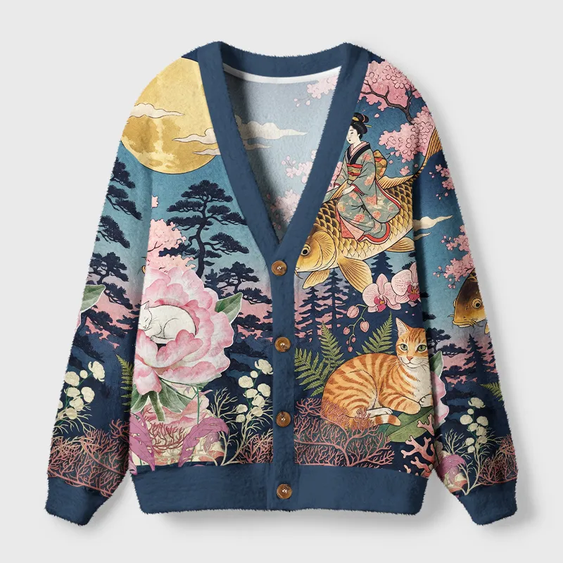 Tokyocanvas Vintage Woodblock Art Floral Koi & Orange Cat Fuzzy Ugly Cardigan Sweatshirt