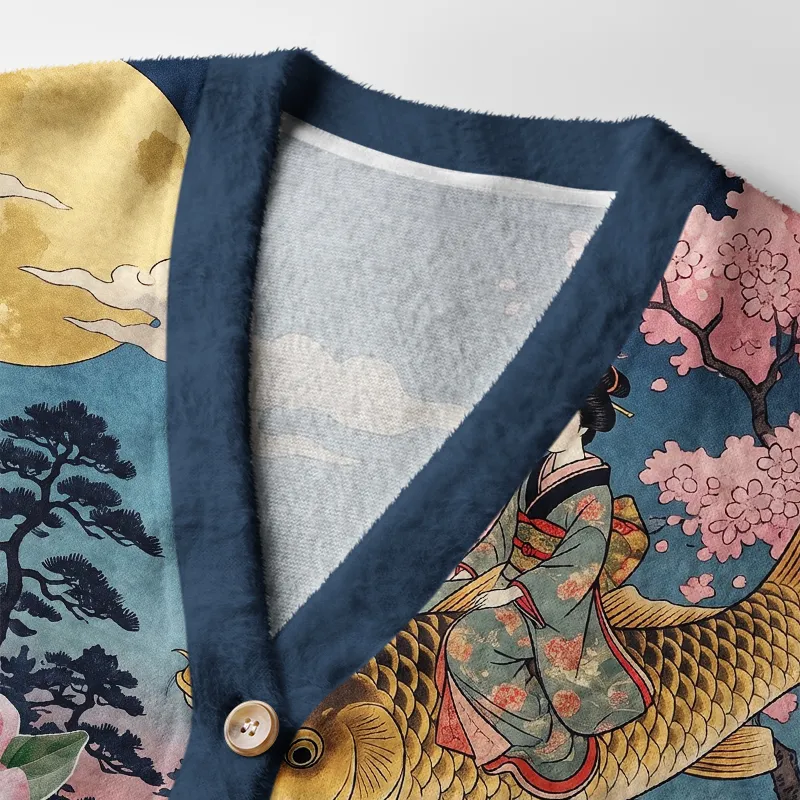 Tokyocanvas Vintage Woodblock Art Floral Koi & Orange Cat Fuzzy Ugly Cardigan Sweatshirt