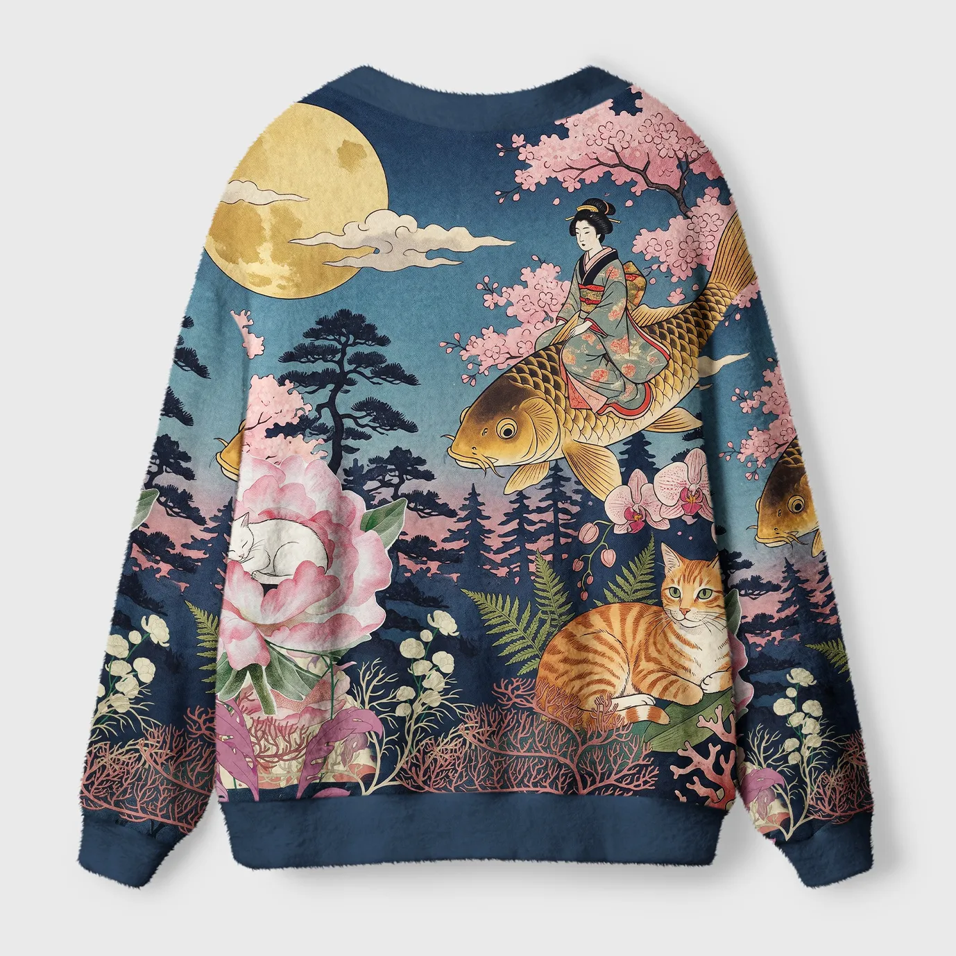 Tokyocanvas Vintage Woodblock Art Floral Koi & Orange Cat Fuzzy Ugly Cardigan Sweatshirt