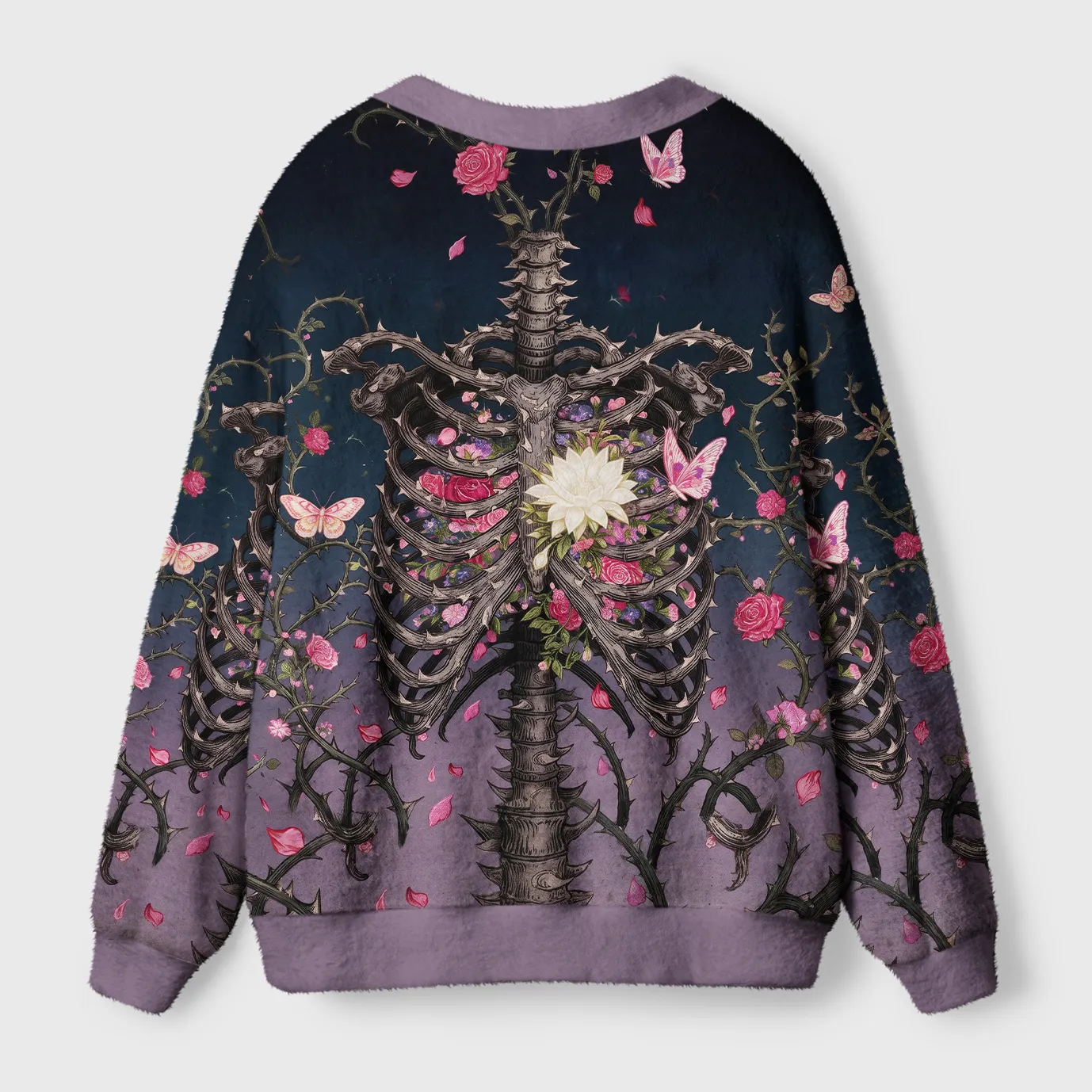 Tokyocanvas Skeleton Ribcage Rose Butterfly Fuzzy Ugly Cardigan Sweatshirt