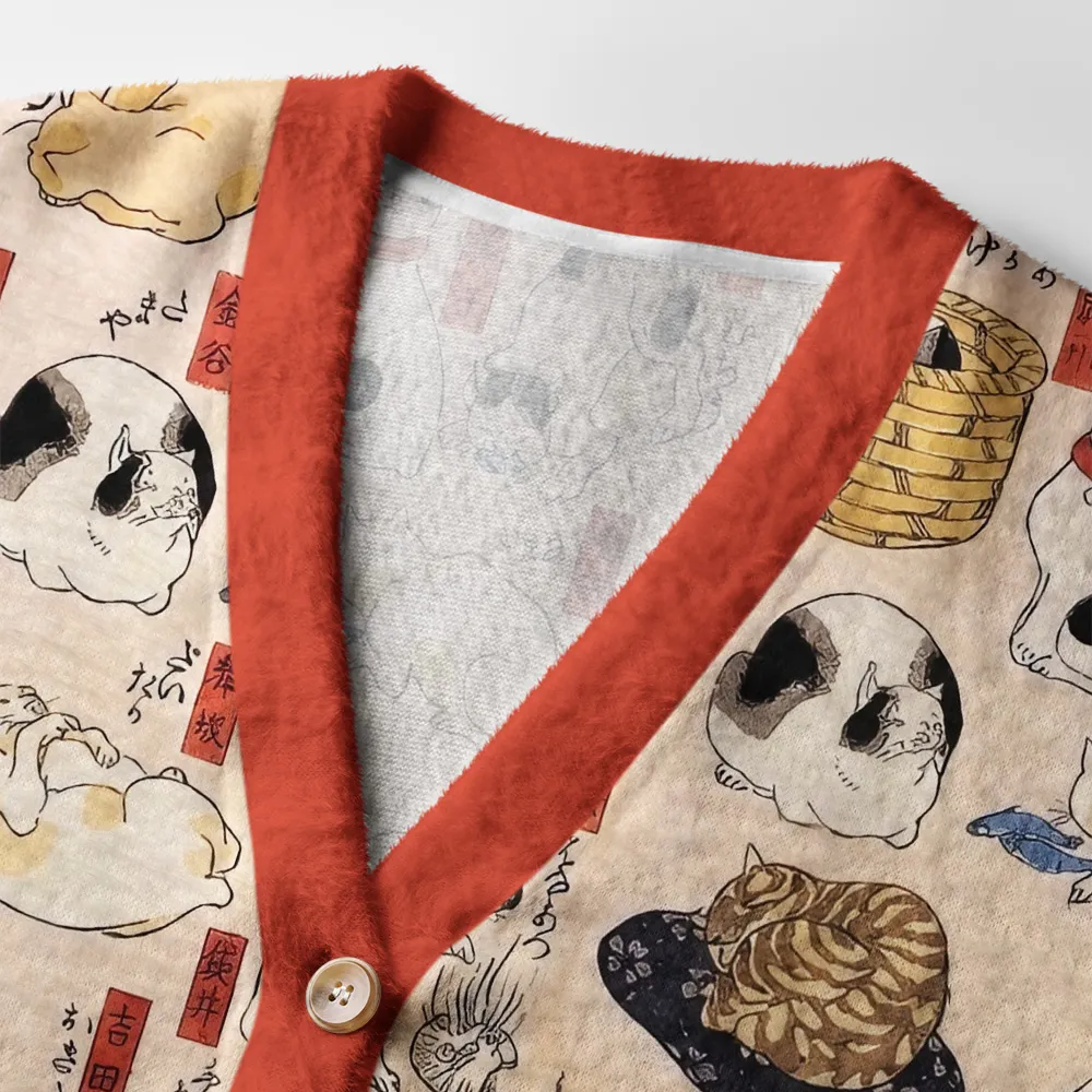 Tokyocanvas Ukiyo?e Cats Fuzzy Ugly Cardigan Sweatshirt