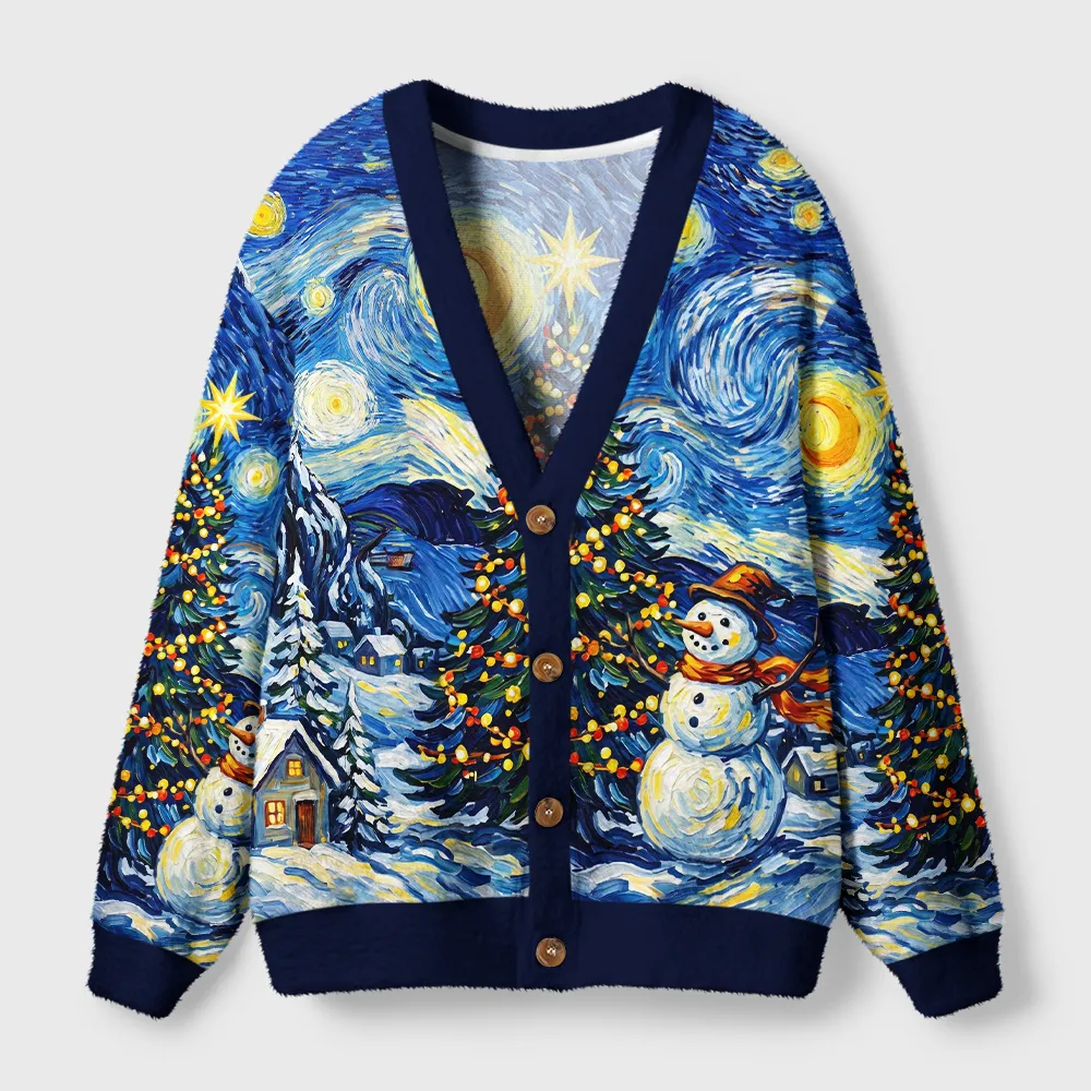 Tokyocanvas Starry Christmas Night Snowman Fuzzy Ugly Cardigan Sweatshirt
