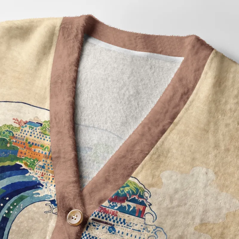 Tokyocanvas Japanese Mount Fuji Wave Art Fuzzy Ugly Cardigan Sweatshirt