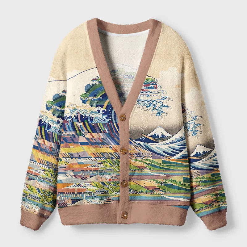 Tokyocanvas Japanese Mount Fuji Wave Art Fuzzy Ugly Cardigan Sweatshirt
