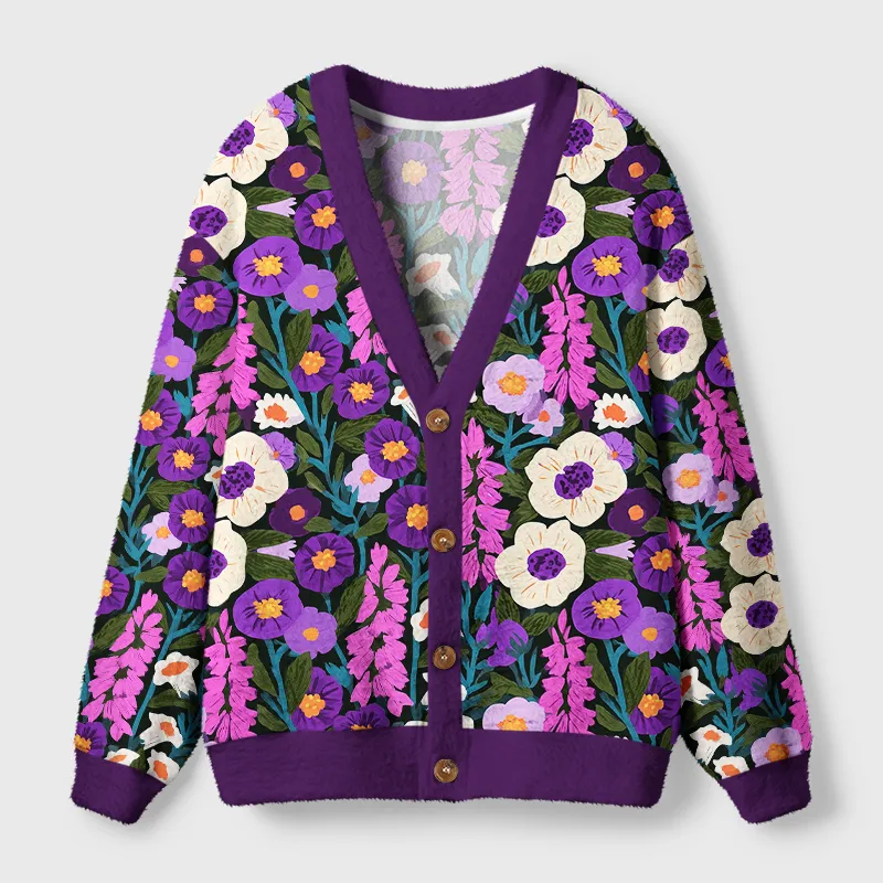 Tokyocanvas Folk Art Botanical Floral Fuzzy Ugly Cardigan Sweatshirt