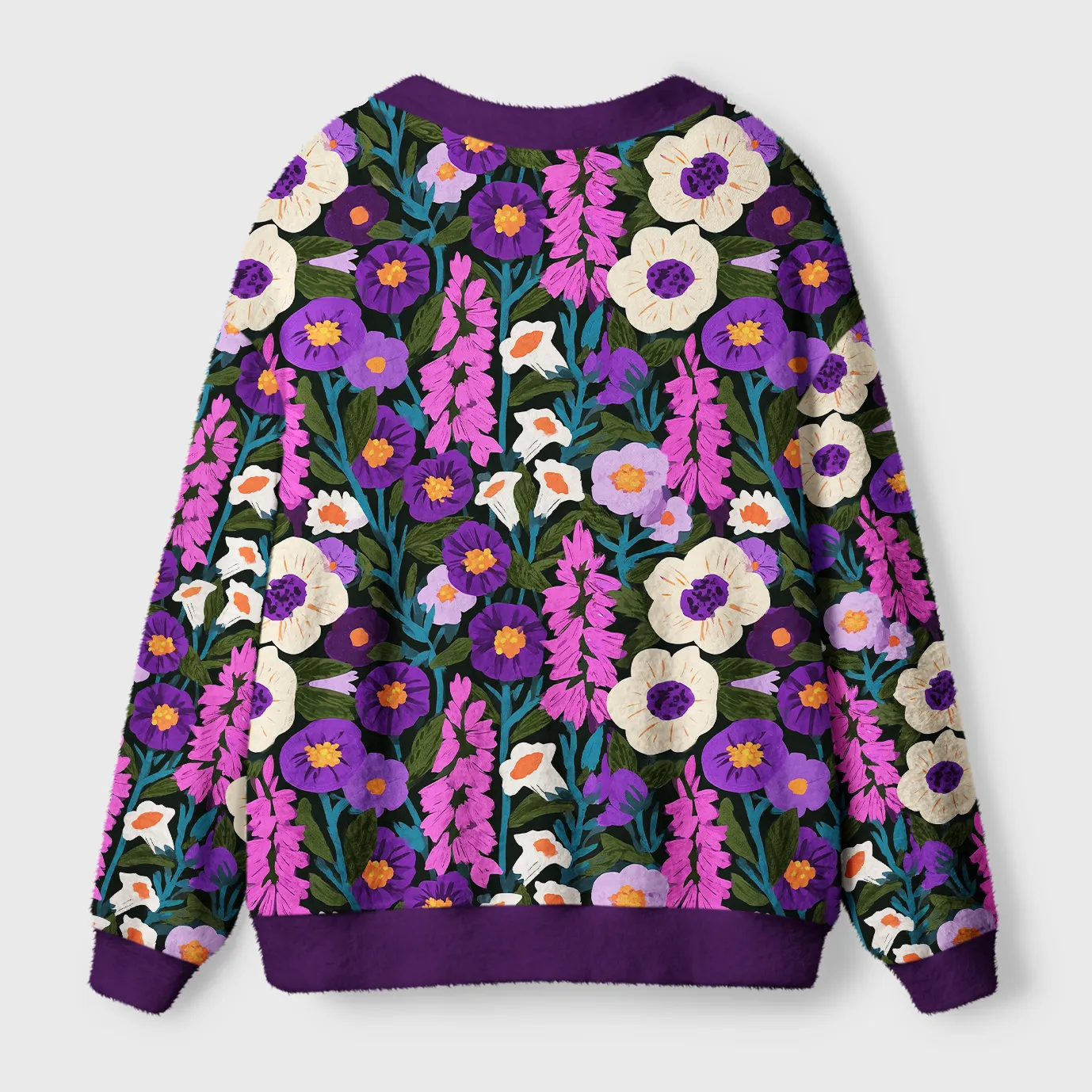 Tokyocanvas Folk Art Botanical Floral Fuzzy Ugly Cardigan Sweatshirt