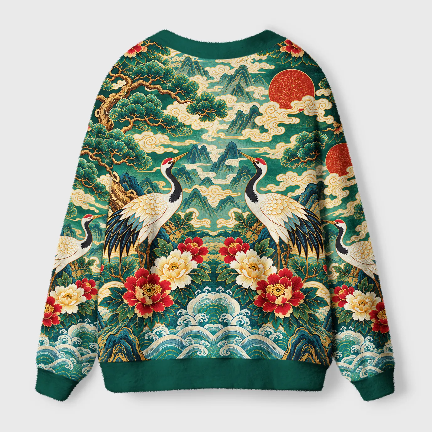 Tokyocanvas Vintage Oriental Red-crowned Crane Peony Fuzzy Ugly Cardigan Sweatshirt