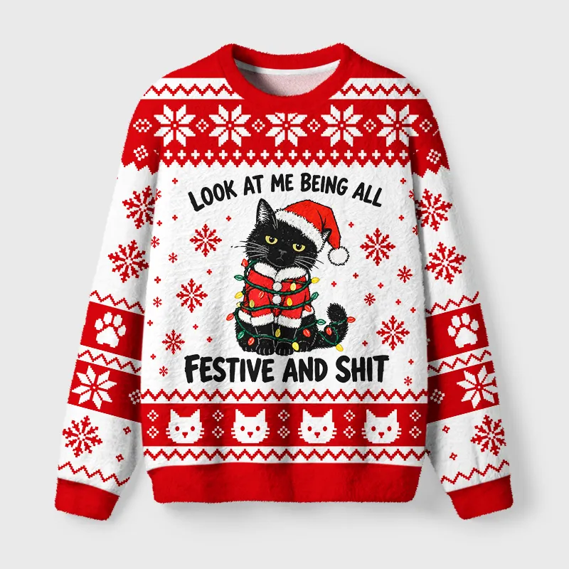 Tokyocanvas Funny Santa Hat Black Cat Meme Fuzzy Christmas Ugly Sweatshirt