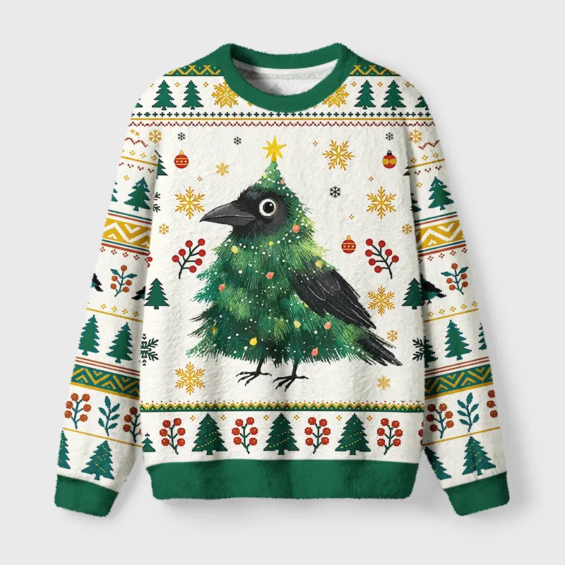 Tokyocanvas Cute Christmas Tree Crow Fuzzy Christmas Ugly Sweatshirt