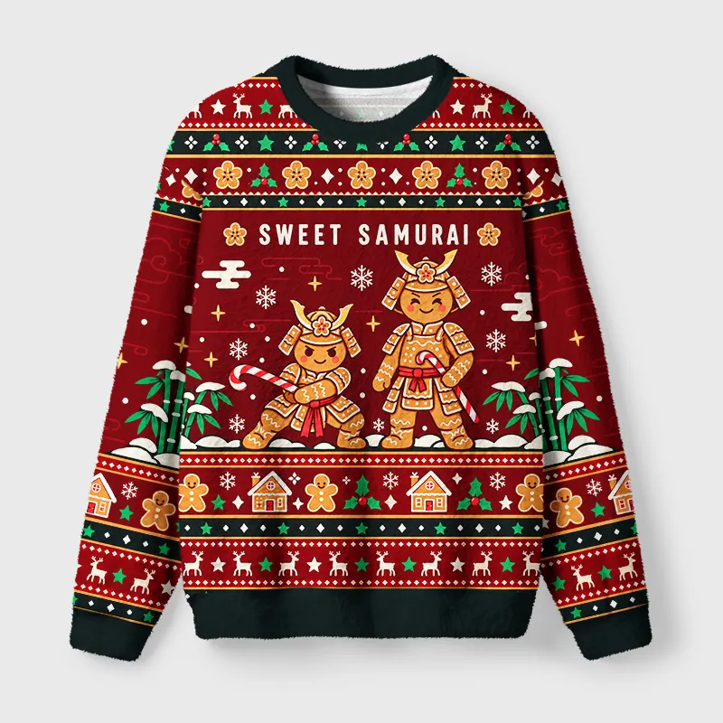 Tokyocanvas Gingerbread Samurai Fuzzy Christmas Ugly Sweatshirt