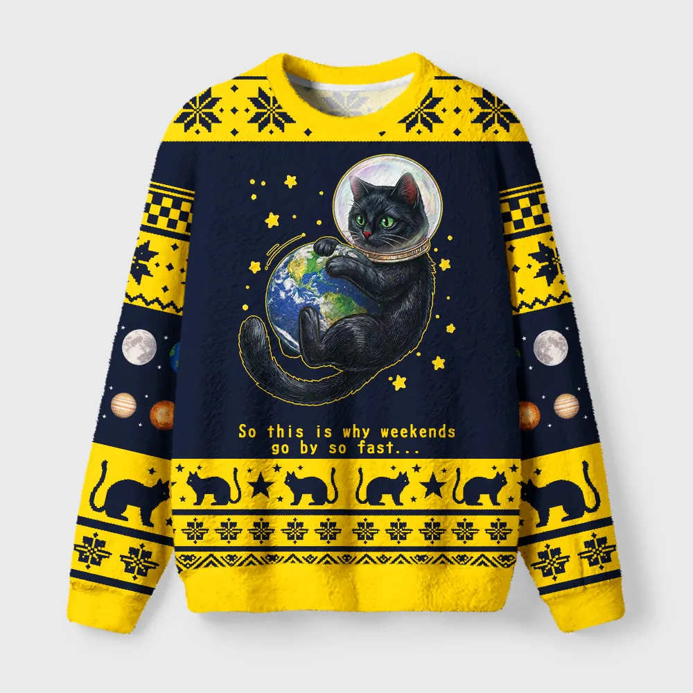 Tokyocanvas Funny Space Cat Spinning Globe Fuzzy Christmas Ugly Sweatshirt