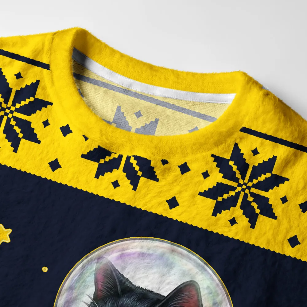 Tokyocanvas Funny Space Cat Spinning Globe Fuzzy Christmas Ugly Sweatshirt