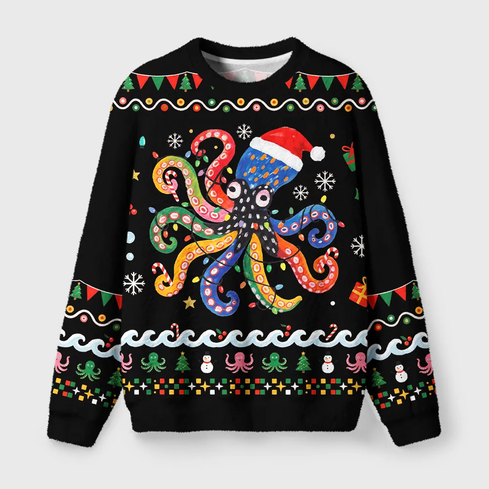 Tokyocanvas Bright Rainbow Octopus Fuzzy Christmas Ugly Sweatshirt