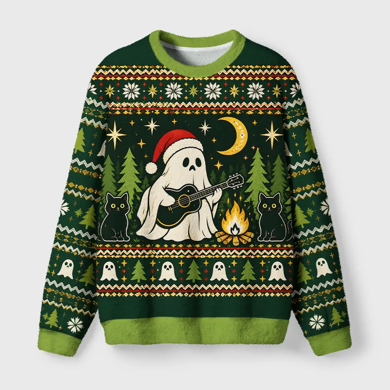 Tokyocanvas Ghost Playing Guitar Black Cat Fuzzy Christmas Ugly Sweatshirt