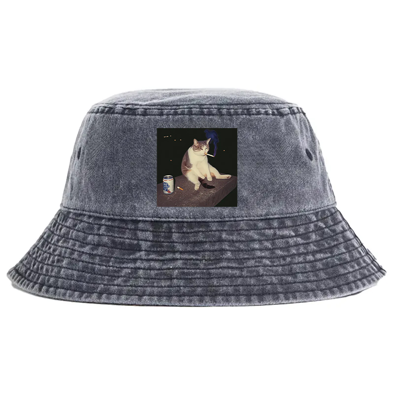 Tokyocanvas Cigarette Kitten Funny Smoking Cat Meme Washed Bucket Hat