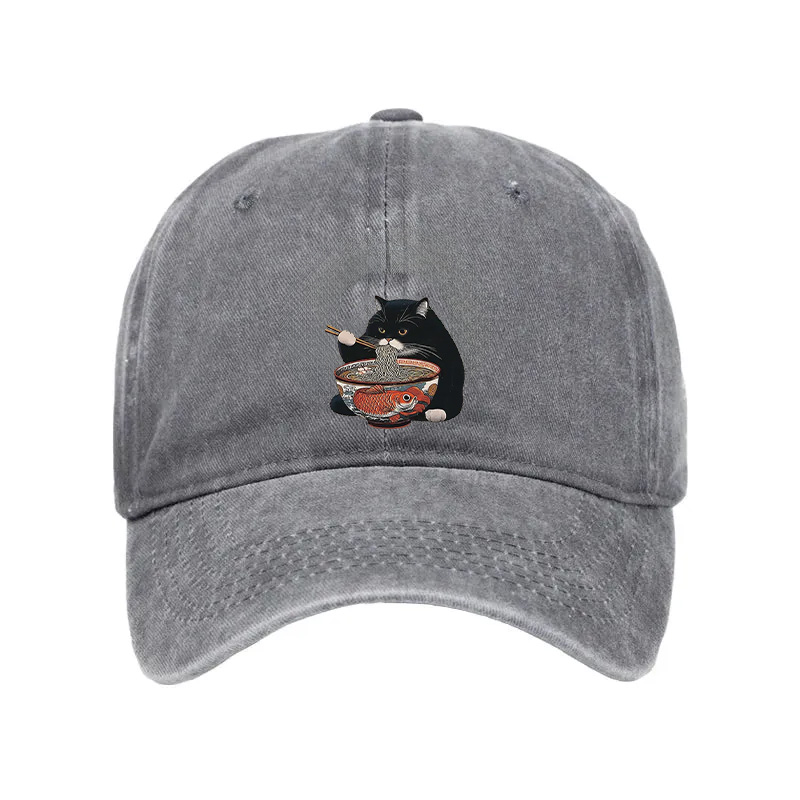 Tokyocanvas Fat Cat Eating Ramen Washed Cap