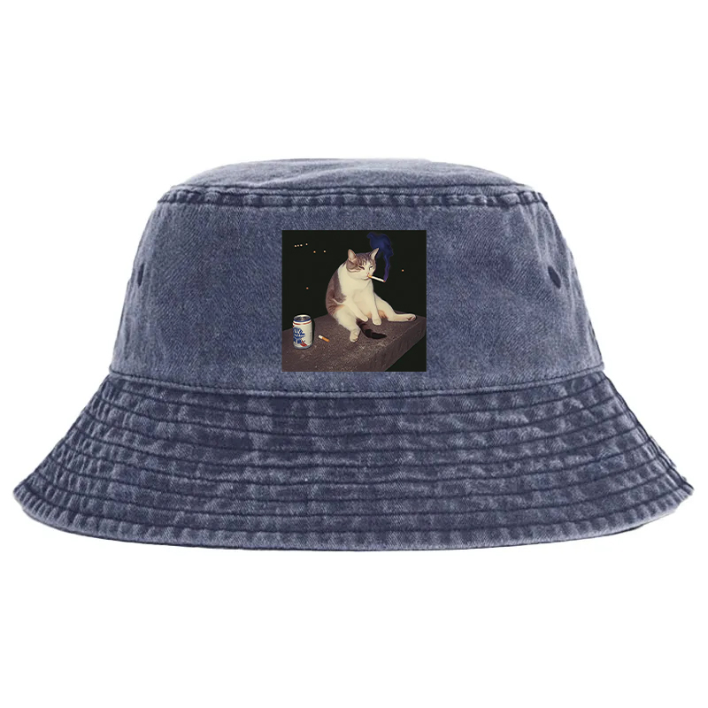 Tokyocanvas Cigarette Kitten Funny Smoking Cat Meme Washed Bucket Hat