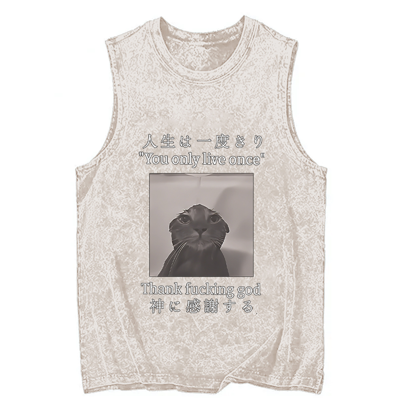 Tokyocanvas Funny Melancholy Cat Washed Tank