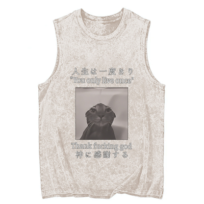 Tokyocanvas Funny Melancholy Cat Washed Tank
