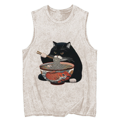 Tokyocanvas Fat Cat Eating Ramen Washed Tank