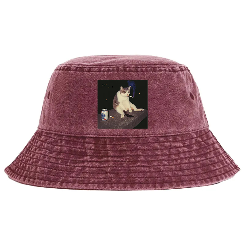 Tokyocanvas Cigarette Kitten Funny Smoking Cat Meme Washed Bucket Hat
