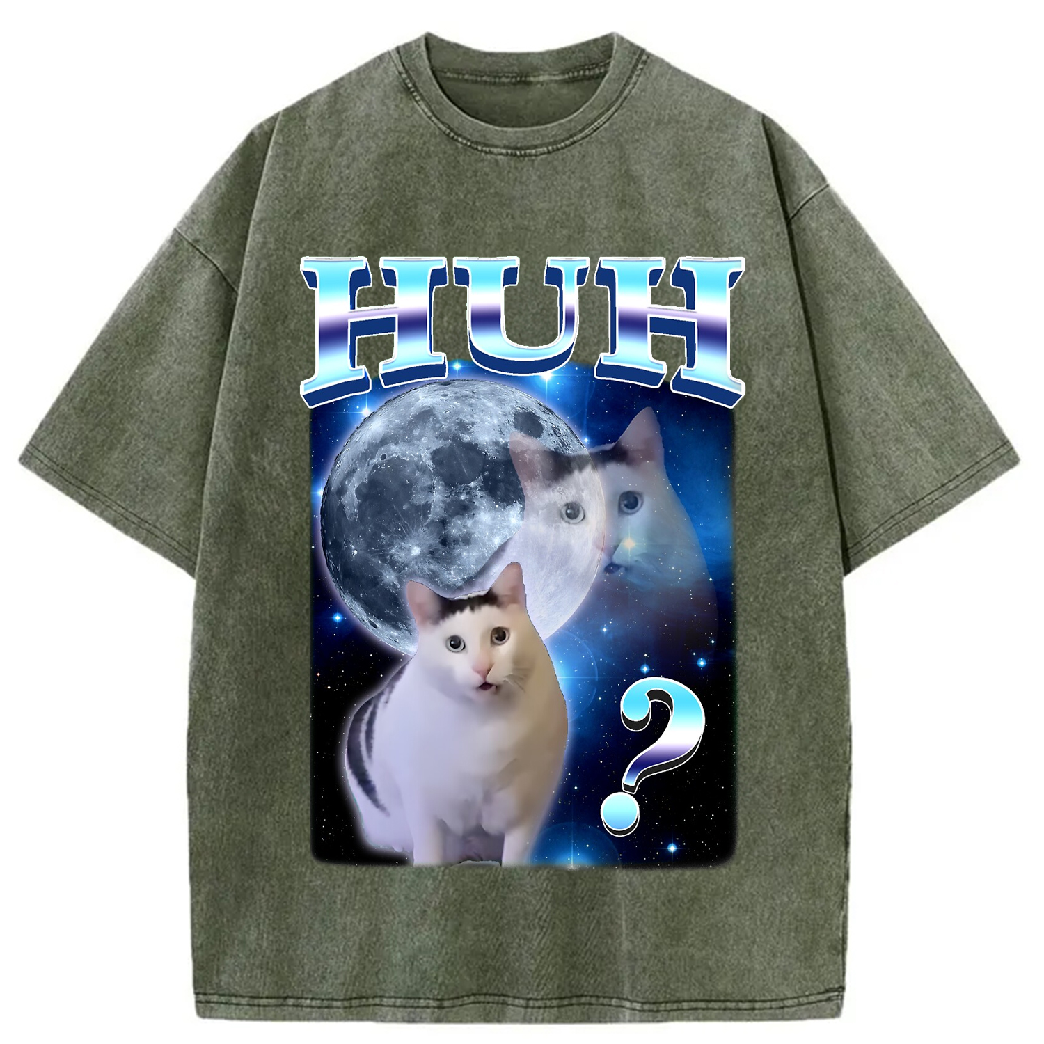 Tokyocanvas Huh Cat Funny Dank Meme Moon Washed T-Shirt