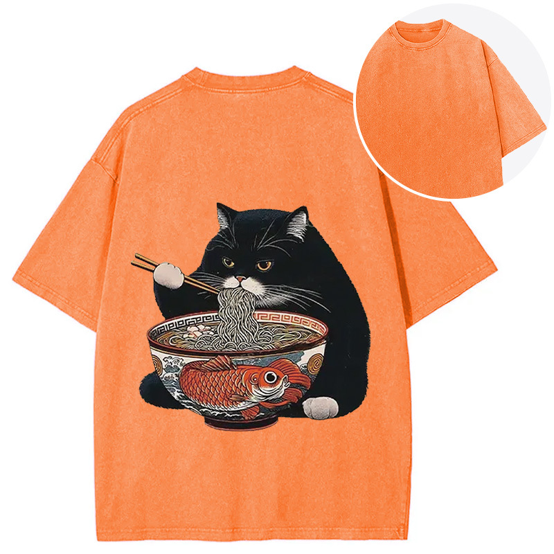 Tokyocanvas Fat Cat Eating Ramen Back Washed T-Shirt