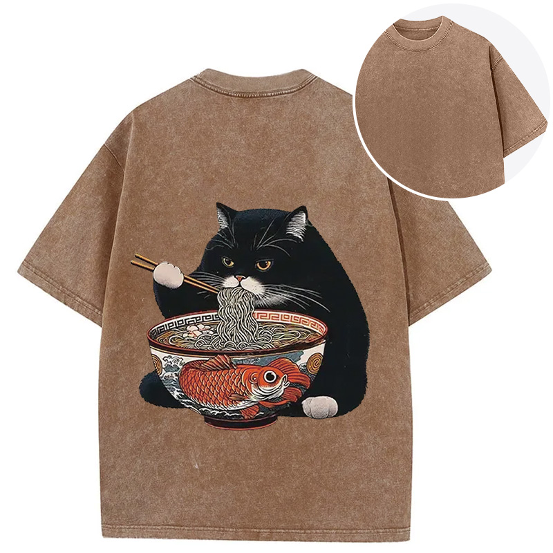 Tokyocanvas Fat Cat Eating Ramen Back Washed T-Shirt