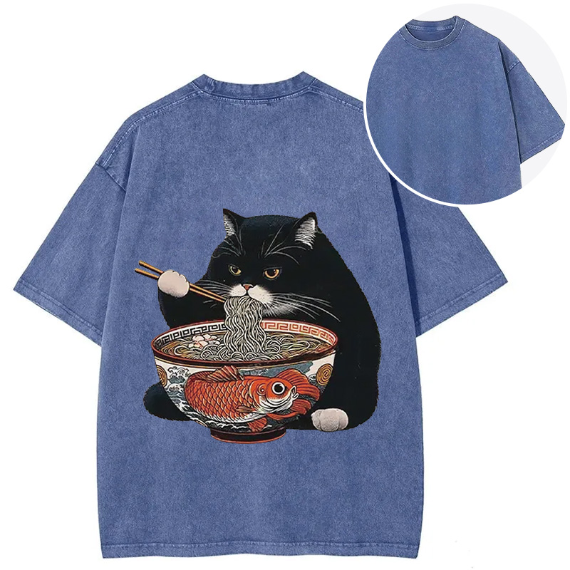 Tokyocanvas Fat Cat Eating Ramen Back Washed T-Shirt