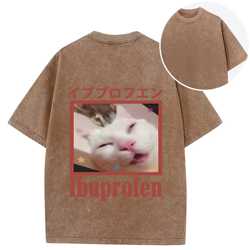 Tokyocanvas Ibuprofen Meme Cat Back Washed T-Shirt