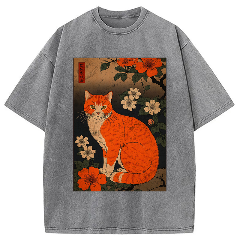 Tokyocanvas Orange Cat Japanese Art Washed T-Shirt