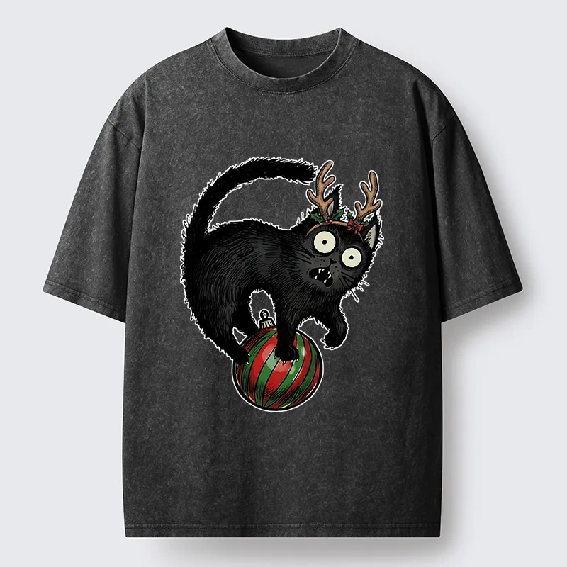 Tokyocanvas Black Cat Playing With Christmas Bauble Washed T-Shirt