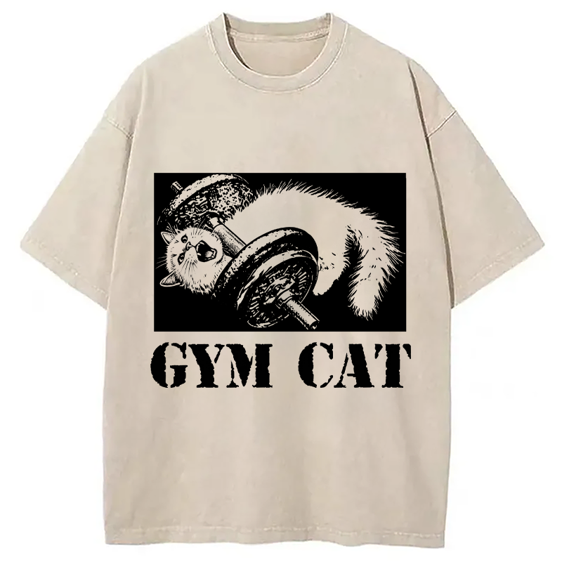 Tokyocanvas Cat Pumping Iron At The Gym Washed T-Shirt