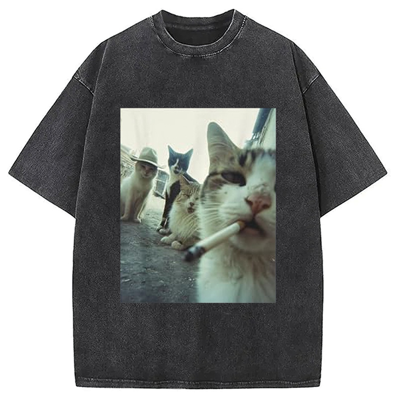 Tokyocanvas Smoking Cat Meme Funny Washed T-Shirt
