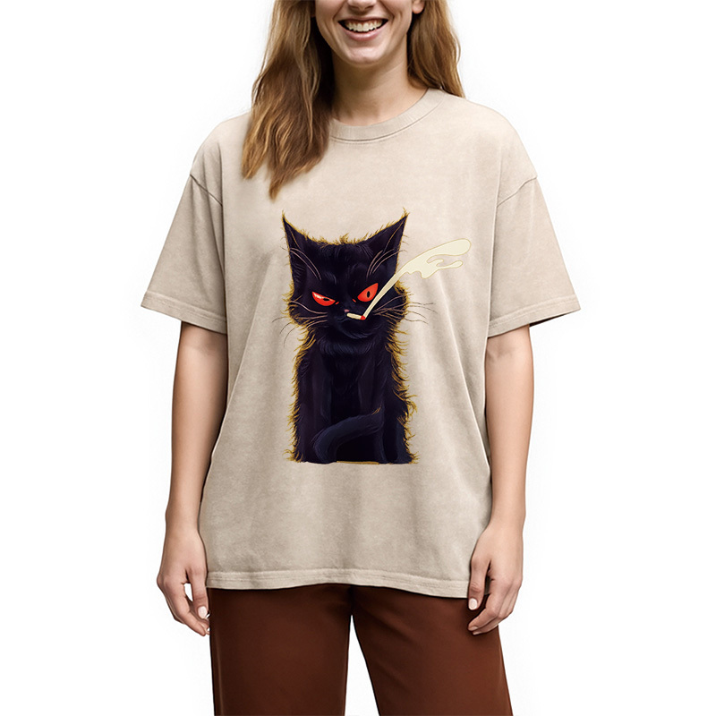 Tokyocanvas Funny Smoking Black Cat Face Washed T-Shirt