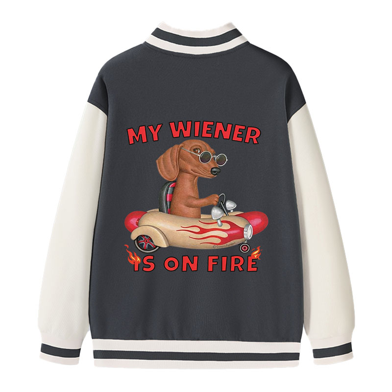 Tokyocanvas My Wiener Is On Fire Funny Dog Varsity Jacket