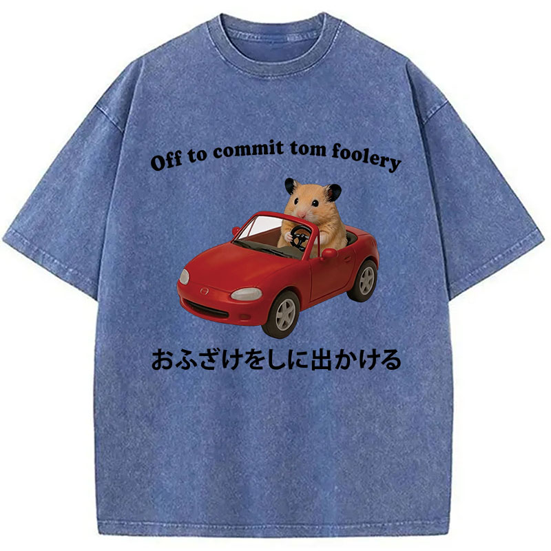 Tokyocanvas Off to Commit Tom Foolery Hamster Funny Washed T-Shirt